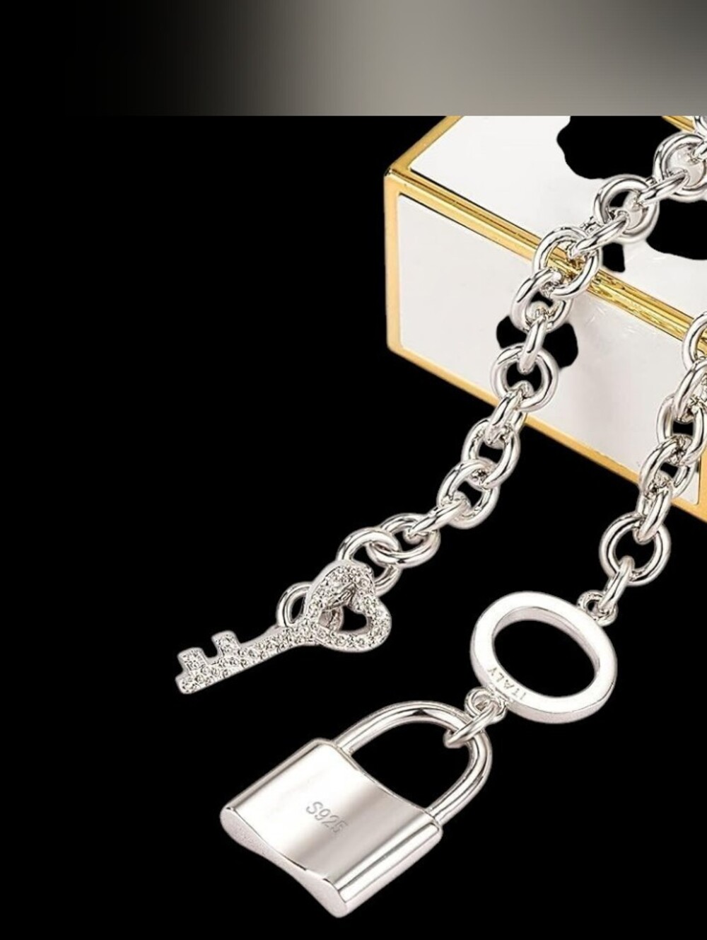 Silver Padlock Charm Chain Bracelet - Women Jewelry - Picture 3 of 5